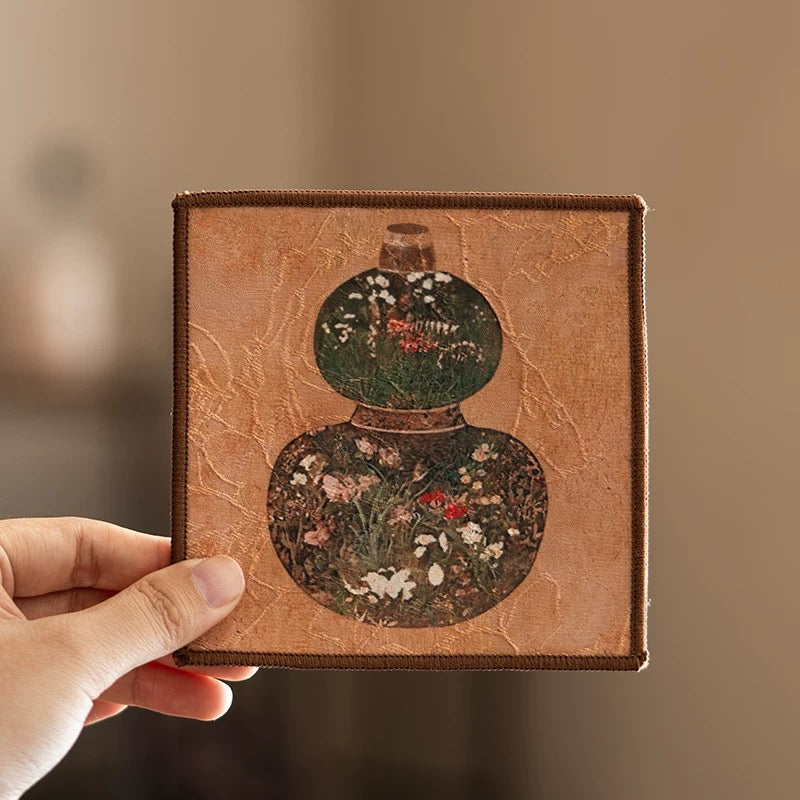 Gambiered Canton Silk Tea Tray Mat - Chinese Brocade Gourd Coaster Set (Heatproof Fabric Pad for Teapots & Cups)