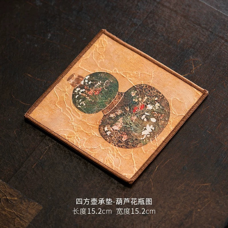 Gambiered Canton Silk Tea Tray Mat - Chinese Brocade Gourd Coaster Set (Heatproof Fabric Pad for Teapots & Cups)