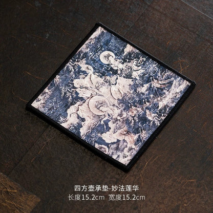 Gambiered Canton Silk Tea Tray Mat - Chinese Brocade Gourd Coaster Set (Heatproof Fabric Pad for Teapots & Cups)