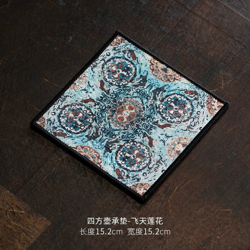 Gambiered Canton Silk Tea Tray Mat - Chinese Brocade Gourd Coaster Set (Heatproof Fabric Pad for Teapots & Cups)