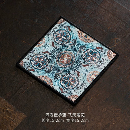 Gambiered Canton Silk Tea Tray Mat - Chinese Brocade Gourd Coaster Set (Heatproof Fabric Pad for Teapots & Cups)