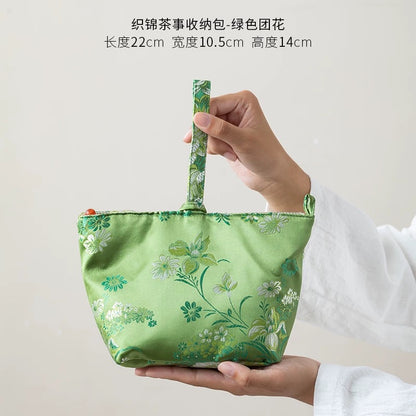 Pine-Embossed Brocade Tea Set Carrier – Thickened Travel Pouch for 1 Teapot & 2 Cups (Portable Minimalist Tea Accessory Tote)