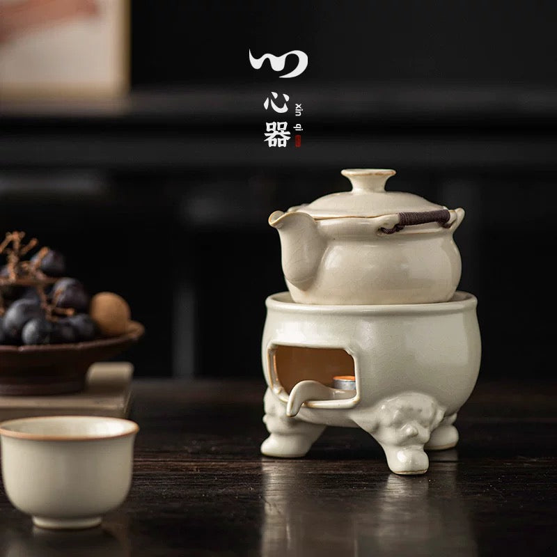 Ru Kiln Candle Tea Warmer Set" - Ceramic Tea Light Warming Base with Alcohol Burner (Heatproof Gongfu Tea Accessories for Gentle Heating)