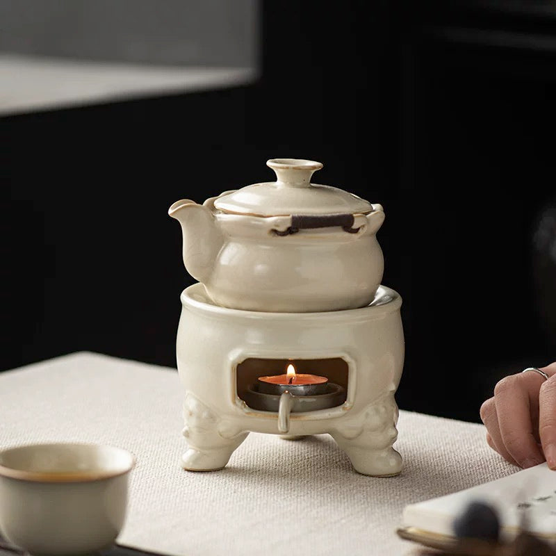 Ru Kiln Candle Tea Warmer Set" - Ceramic Tea Light Warming Base with Alcohol Burner (Heatproof Gongfu Tea Accessories for Gentle Heating)