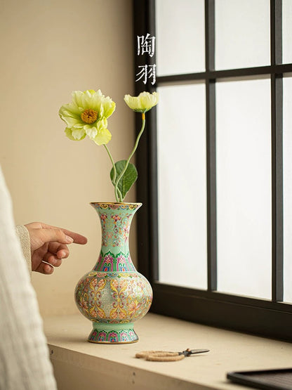Cloisonné Enamel & Silver Ceramic Vase— Handcrafted Floral Arrangement Vessel for Fresh/Dried Flowers (Minimalist Home Decor Piece for Living Room, Study, or Entryway)