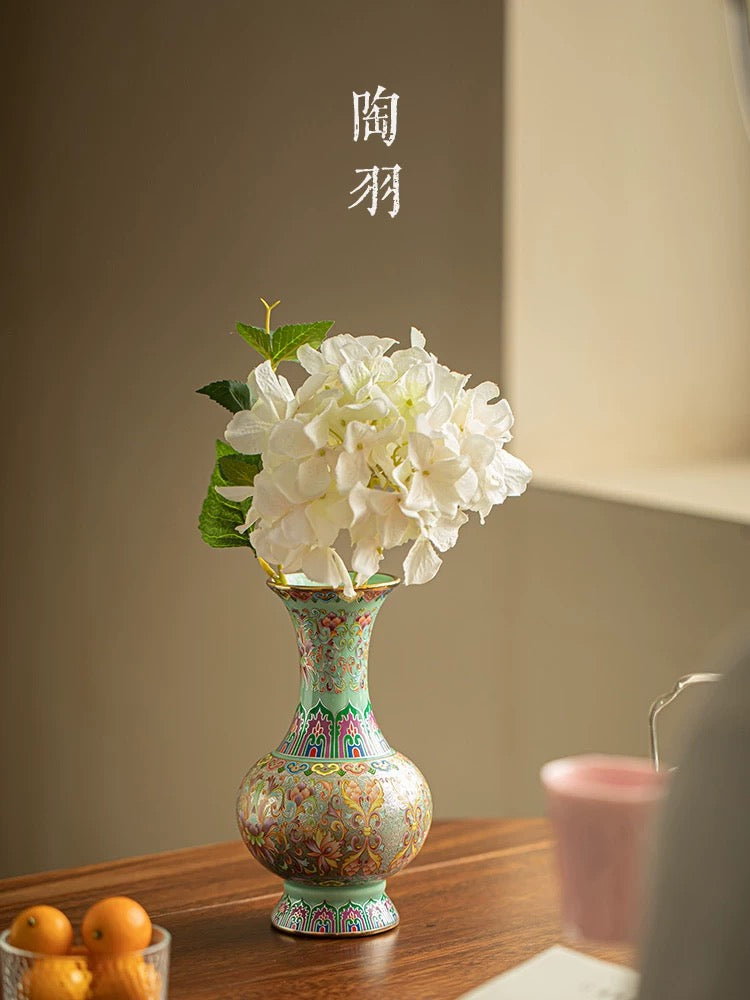 Cloisonné Enamel & Silver Ceramic Vase— Handcrafted Floral Arrangement Vessel for Fresh/Dried Flowers (Minimalist Home Decor Piece for Living Room, Study, or Entryway)