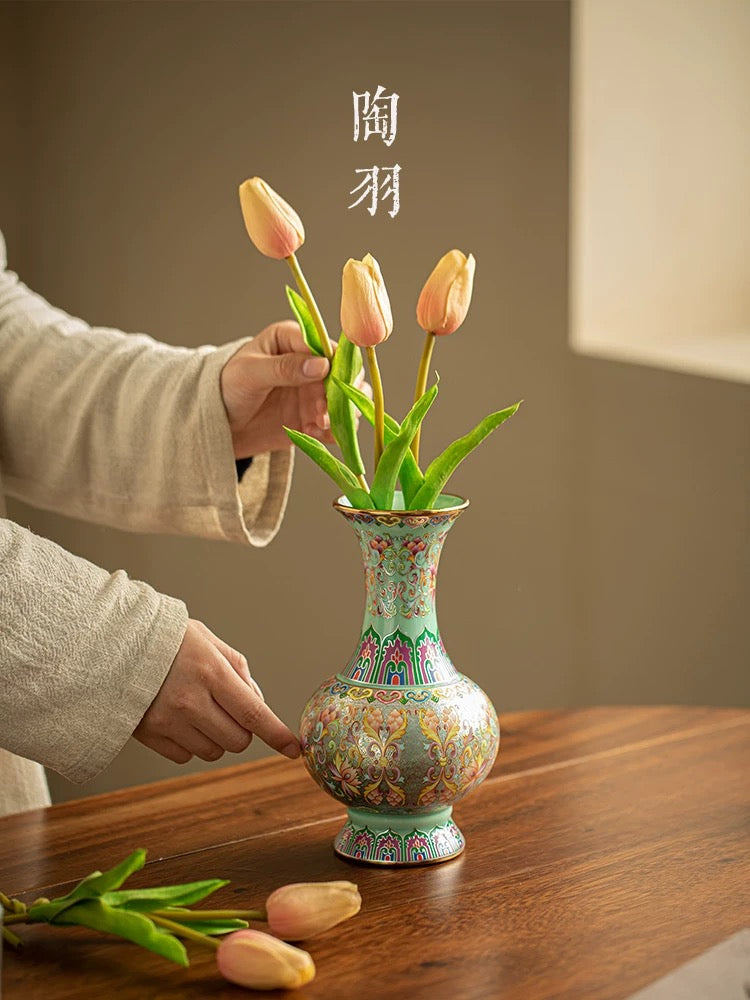 Cloisonné Enamel & Silver Ceramic Vase— Handcrafted Floral Arrangement Vessel for Fresh/Dried Flowers (Minimalist Home Decor Piece for Living Room, Study, or Entryway)