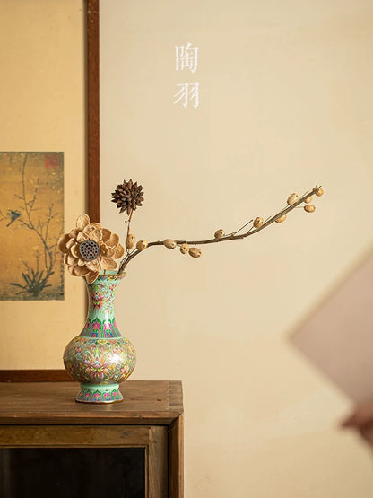 Cloisonné Enamel & Silver Ceramic Vase— Handcrafted Floral Arrangement Vessel for Fresh/Dried Flowers (Minimalist Home Decor Piece for Living Room, Study, or Entryway)