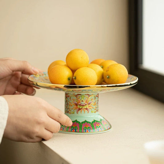 Cloisonné Enamel Chinese Ceramic Footed Tray— Hand-Painted Luxury Fruit & Tea Dessert Platter (Multi-Purpose Serving Dish for Home, Gongfu Tea Ceremonies & Offering Rituals)