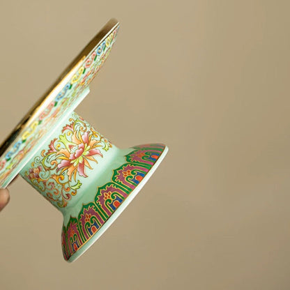 Cloisonné Enamel Chinese Ceramic Footed Tray— Hand-Painted Luxury Fruit & Tea Dessert Platter (Multi-Purpose Serving Dish for Home, Gongfu Tea Ceremonies & Offering Rituals)