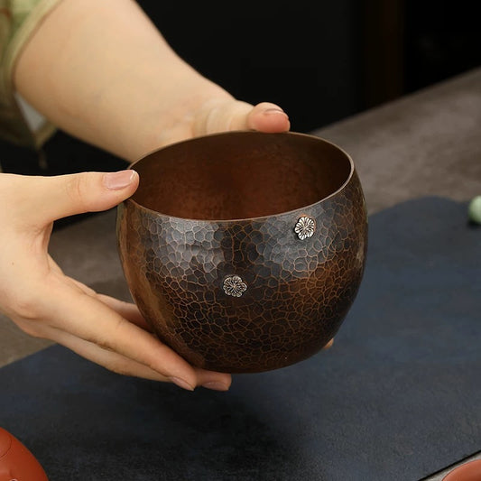 Hand-Hammered Bronze & Silver Tea Cleansing Vessel— Zen Water Basin for Gongfu Tea Rituals (Antique Hammered Finish with Silver Inlay)