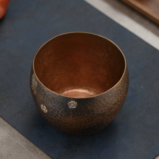 Hand-Hammered Bronze & Silver Tea Cleansing Vessel— Zen Water Basin for Gongfu Tea Rituals (Antique Hammered Finish with Silver Inlay)