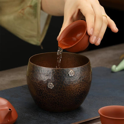 Hand-Hammered Bronze & Silver Tea Cleansing Vessel— Zen Water Basin for Gongfu Tea Rituals (Antique Hammered Finish with Silver Inlay)