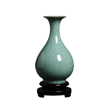 Ye Xiaochun's Handmade Works Celadon Ge Kiln Ice Cracked Jade Pot Spring Flower Ware Chinese Vase Home Ornament Collection